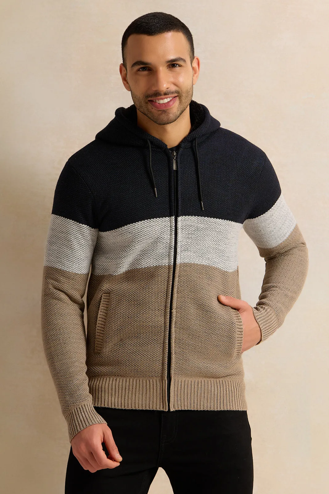 Men Beige And Navy Knitted Hooded Pullover