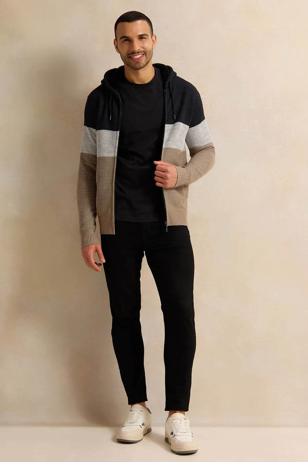 Men Beige And Navy Knitted Hooded Pullover