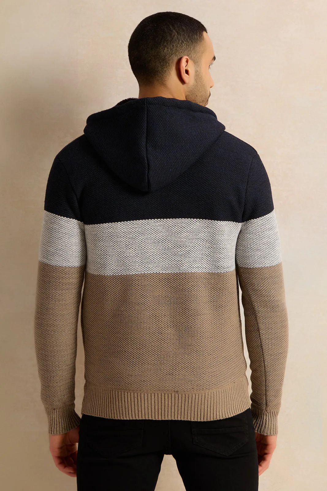 Men Beige And Navy Knitted Hooded Pullover