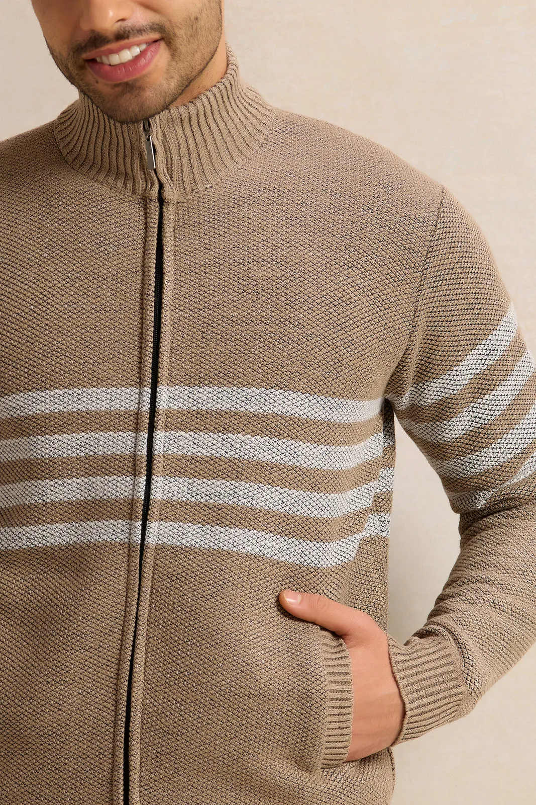 Men Beige Knitted Pullover