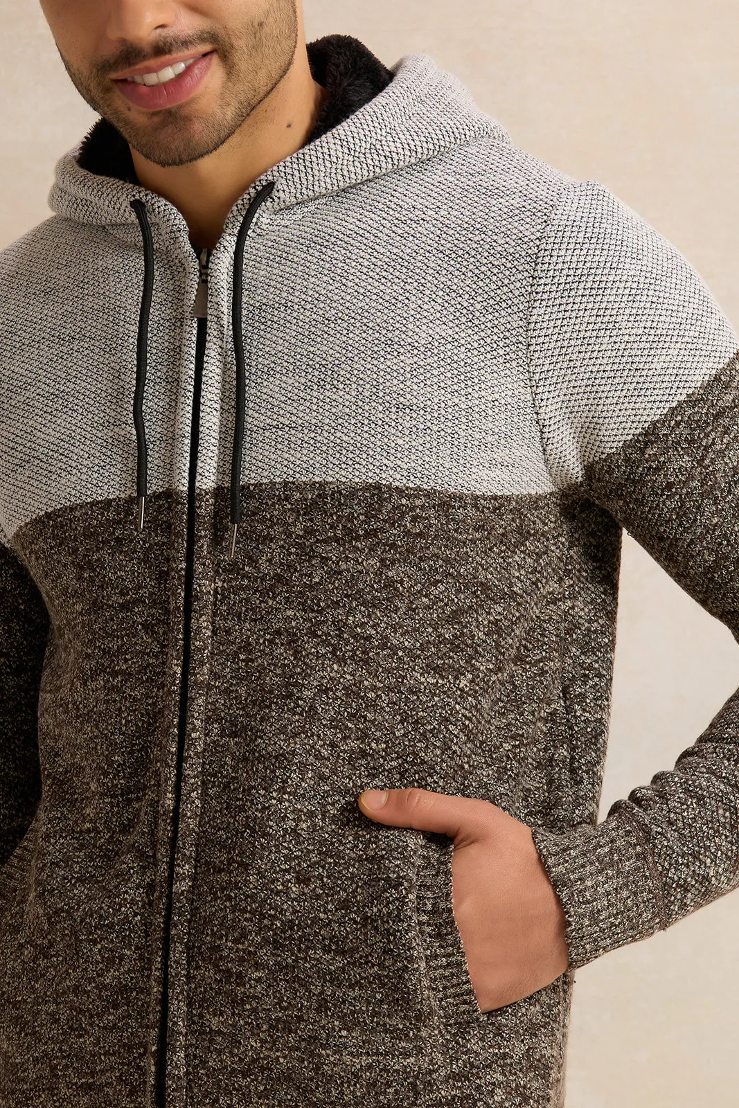 Men Grey Knitted Hooded Pullover