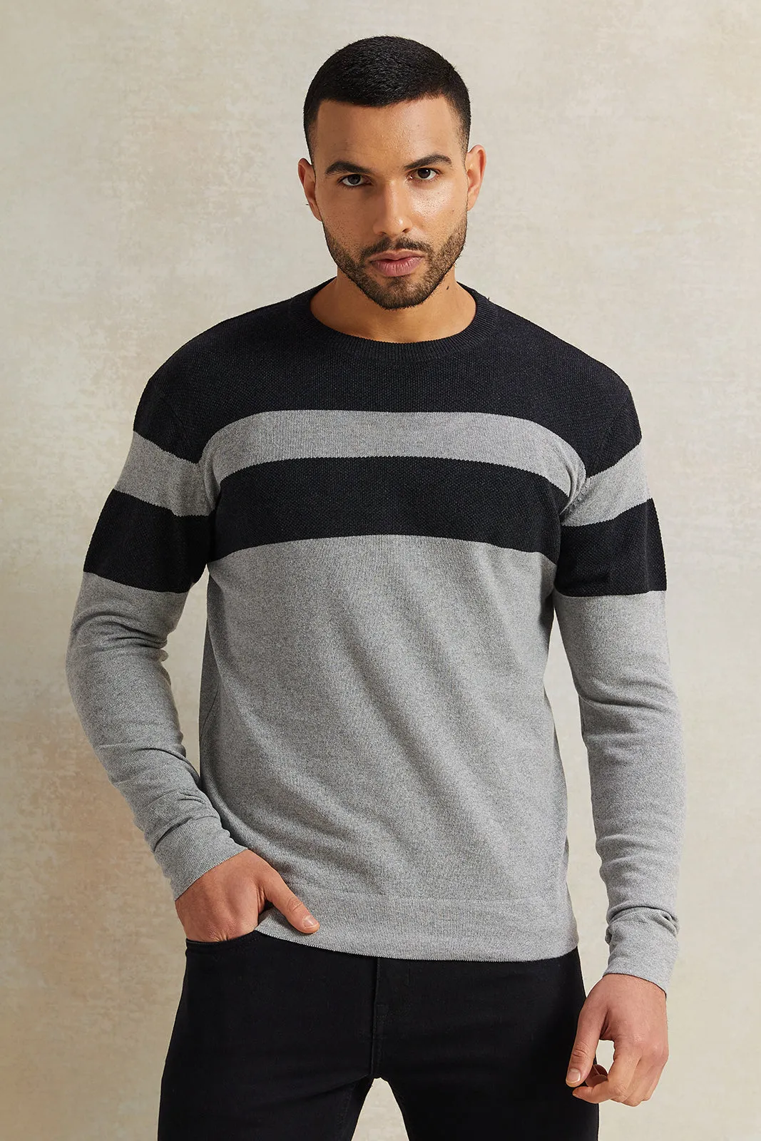 Men Grey Striped Pullover