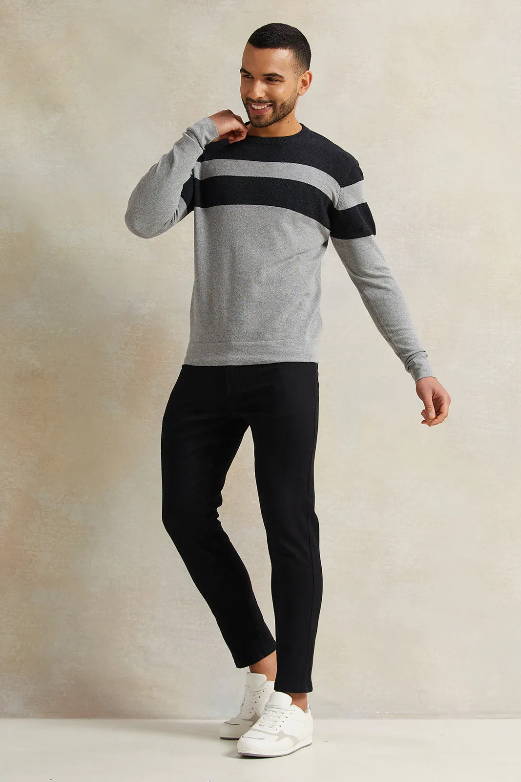 Men Grey Striped Pullover