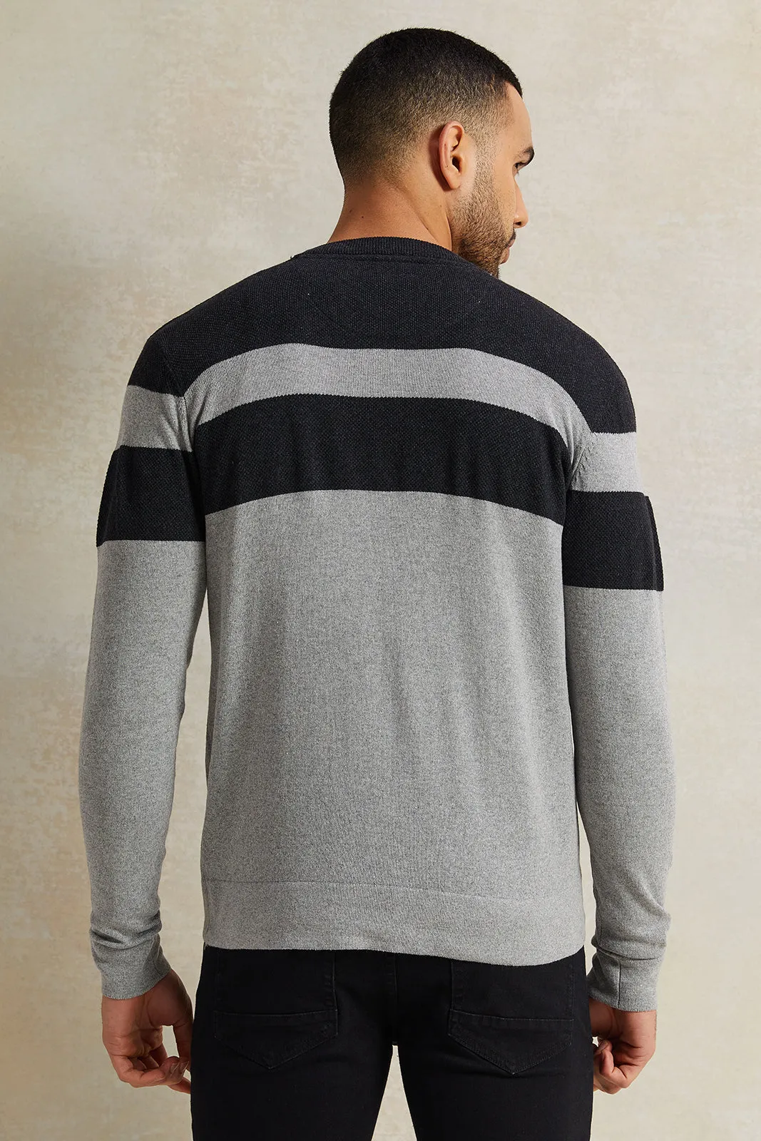 Men Grey Striped Pullover