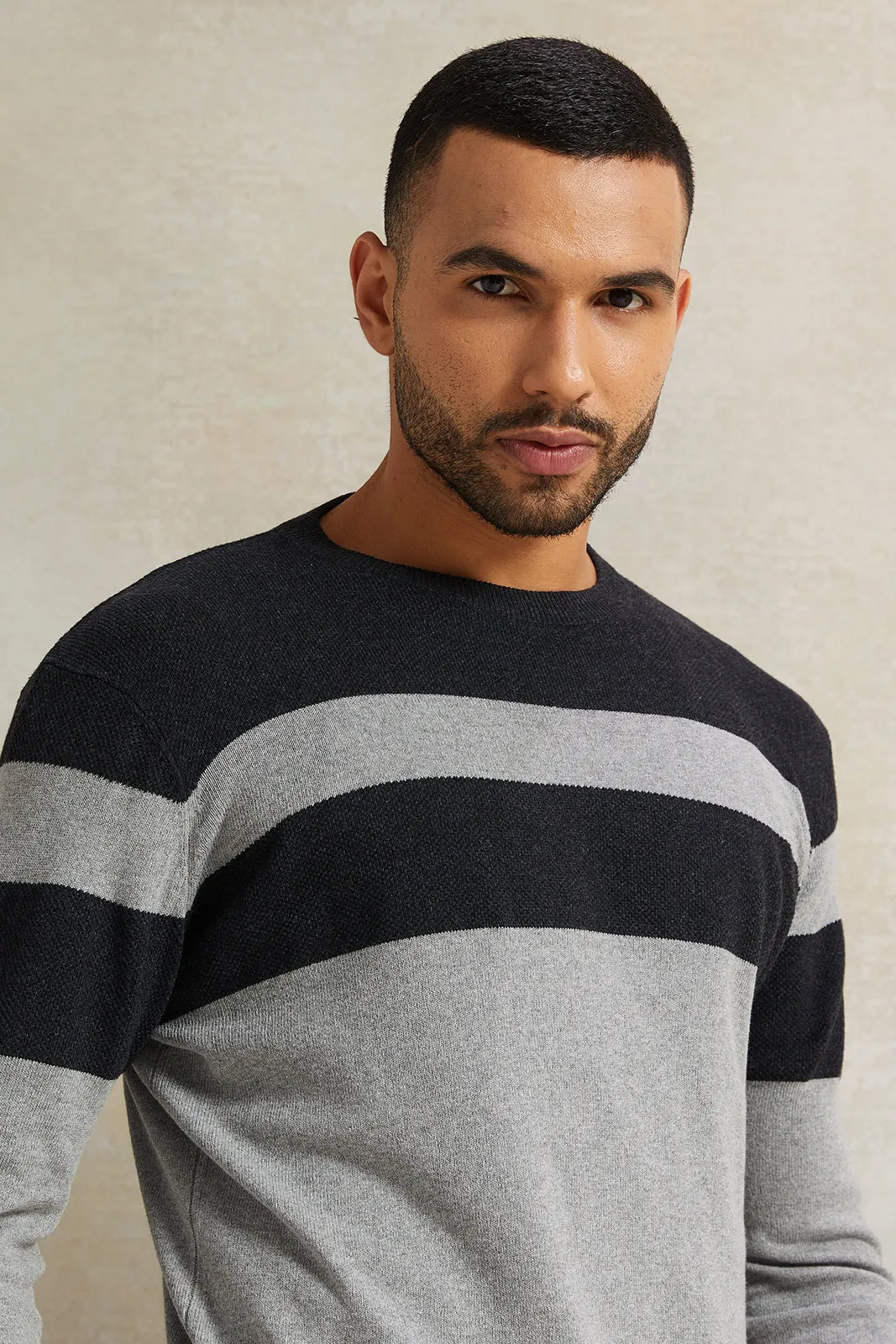 Men Grey Striped Pullover