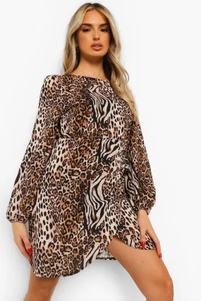 Mixed Animal Balloon Sleeve Wrap Front Shift Dress