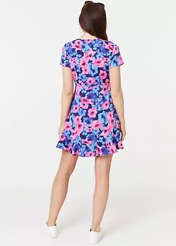 Multi Blue Floral Frill Faux Wrap Short Dress by Izabel London | Look Again