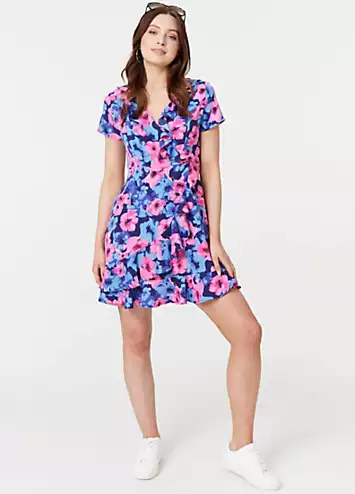 Multi Blue Floral Frill Faux Wrap Short Dress by Izabel London | Look Again