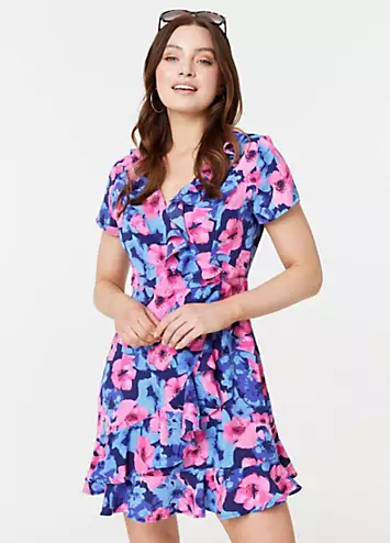 Multi Blue Floral Frill Faux Wrap Short Dress by Izabel London | Look Again