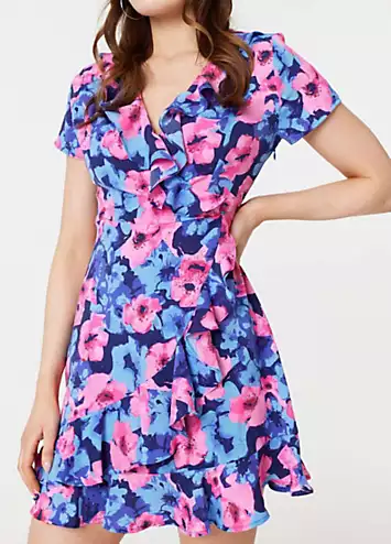 Multi Blue Floral Frill Faux Wrap Short Dress by Izabel London | Look Again