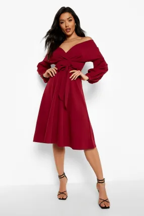 Off The Shoulder Wrap Midi Skater Dress