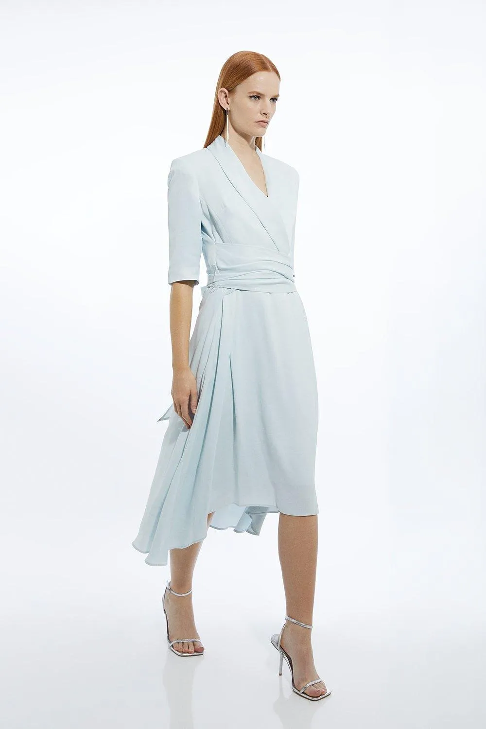 Petite Satin Back Crepe Wrap Tie High Low Midaxi Dress | Karen Millen