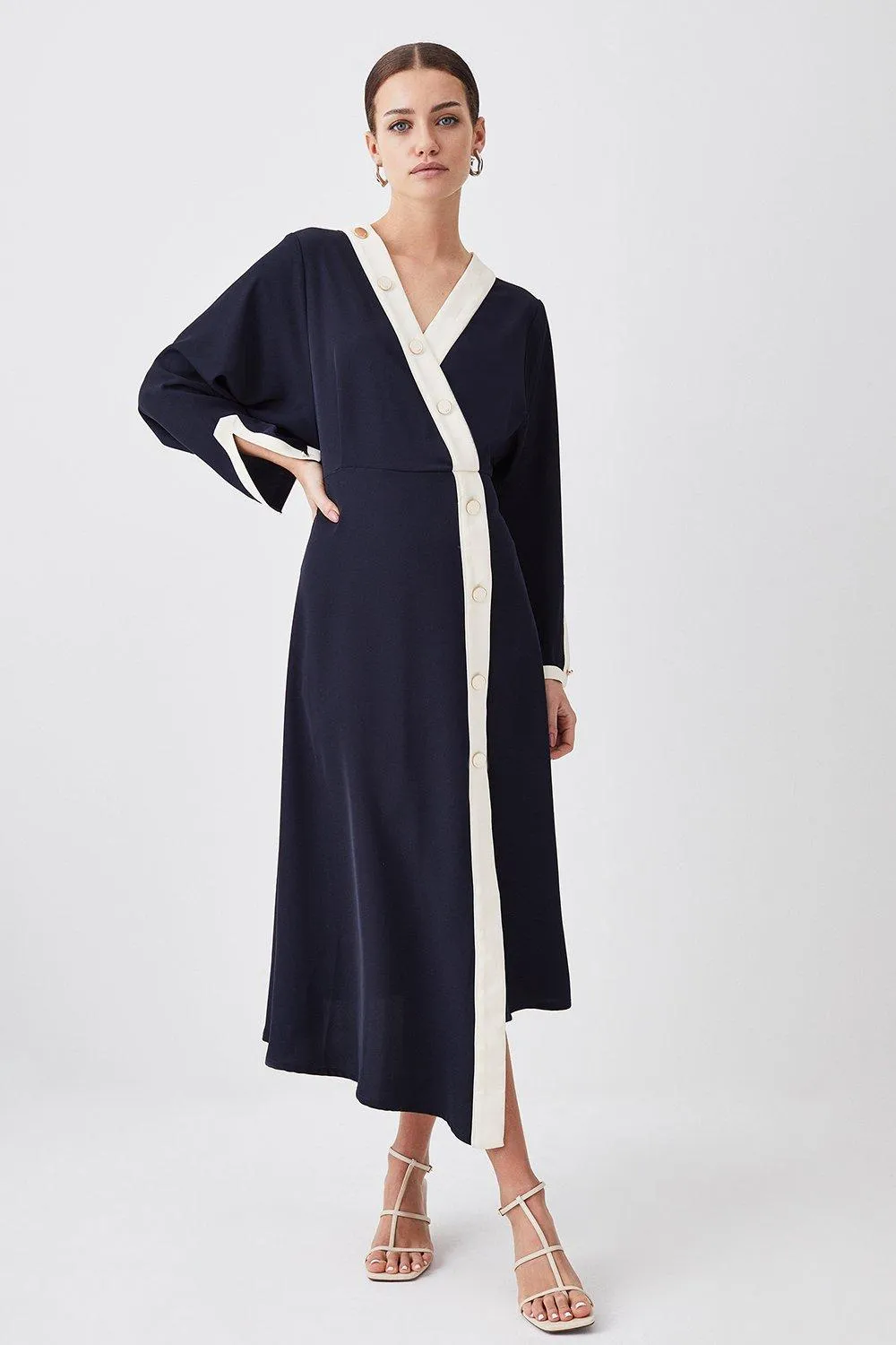 Petite Twill Asymmetric Midi Wrap Dress | Karen Millen