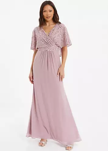 Pink Embellished Mesh Cap Sleeve Maxi Dress with Wrap Bust by Quiz | Look Again