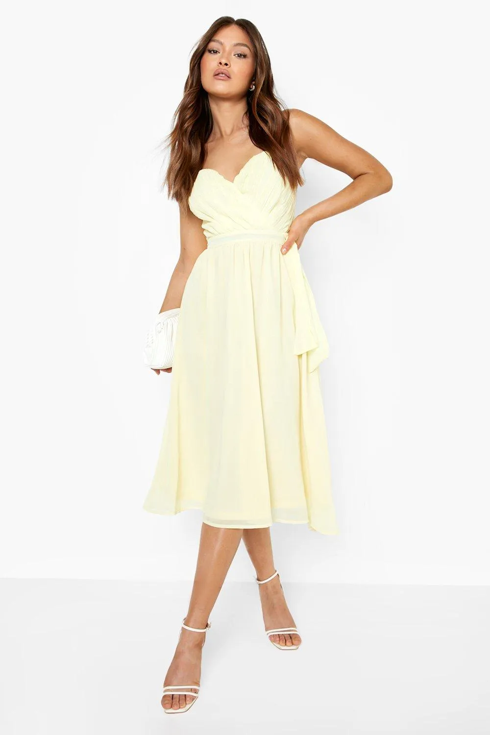 Pleated Bandeau Wrap Midi Skater Dress