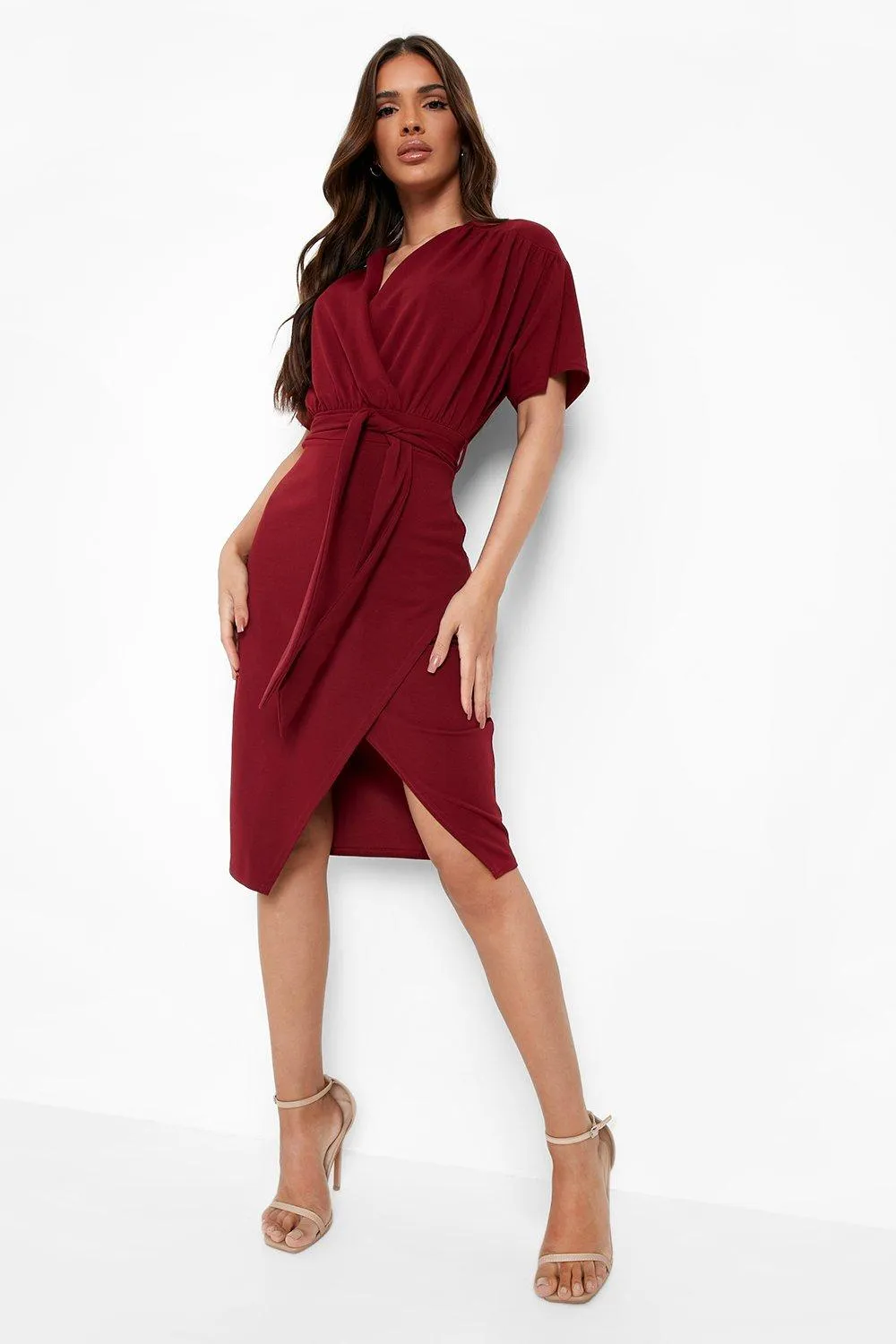 Pleated Shoulder Wrap Midi Dress