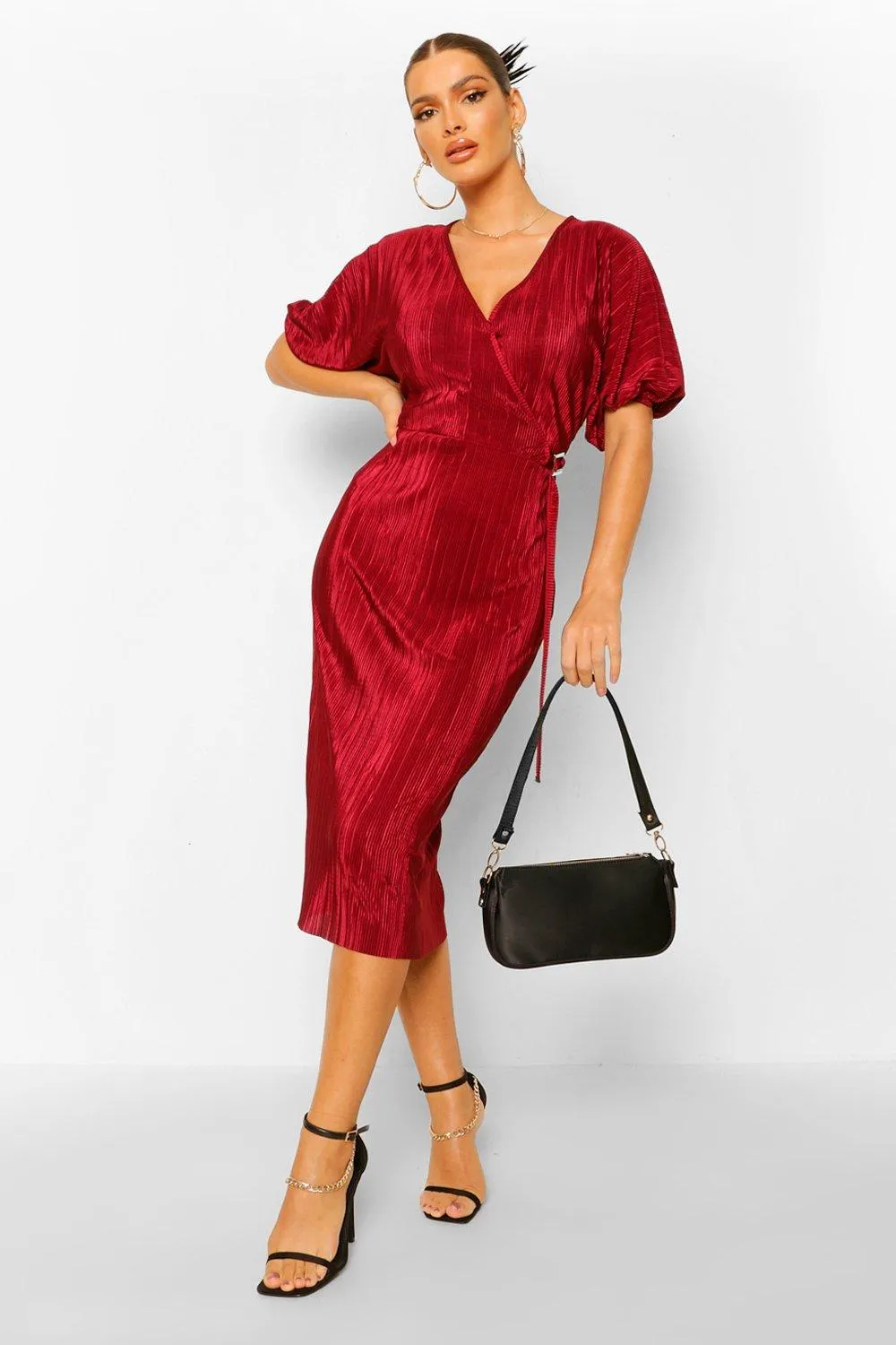 Plisse Buckle Wrap Midi Dress