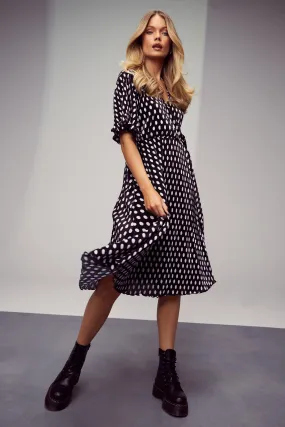 Polka Dot Plisse Wrap Midi Skater Dress