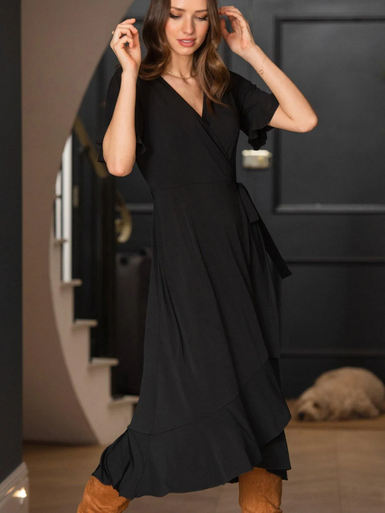 Pour Moi Megan Slinky Jersey Frill Detail Midi Wrap Dress - Black