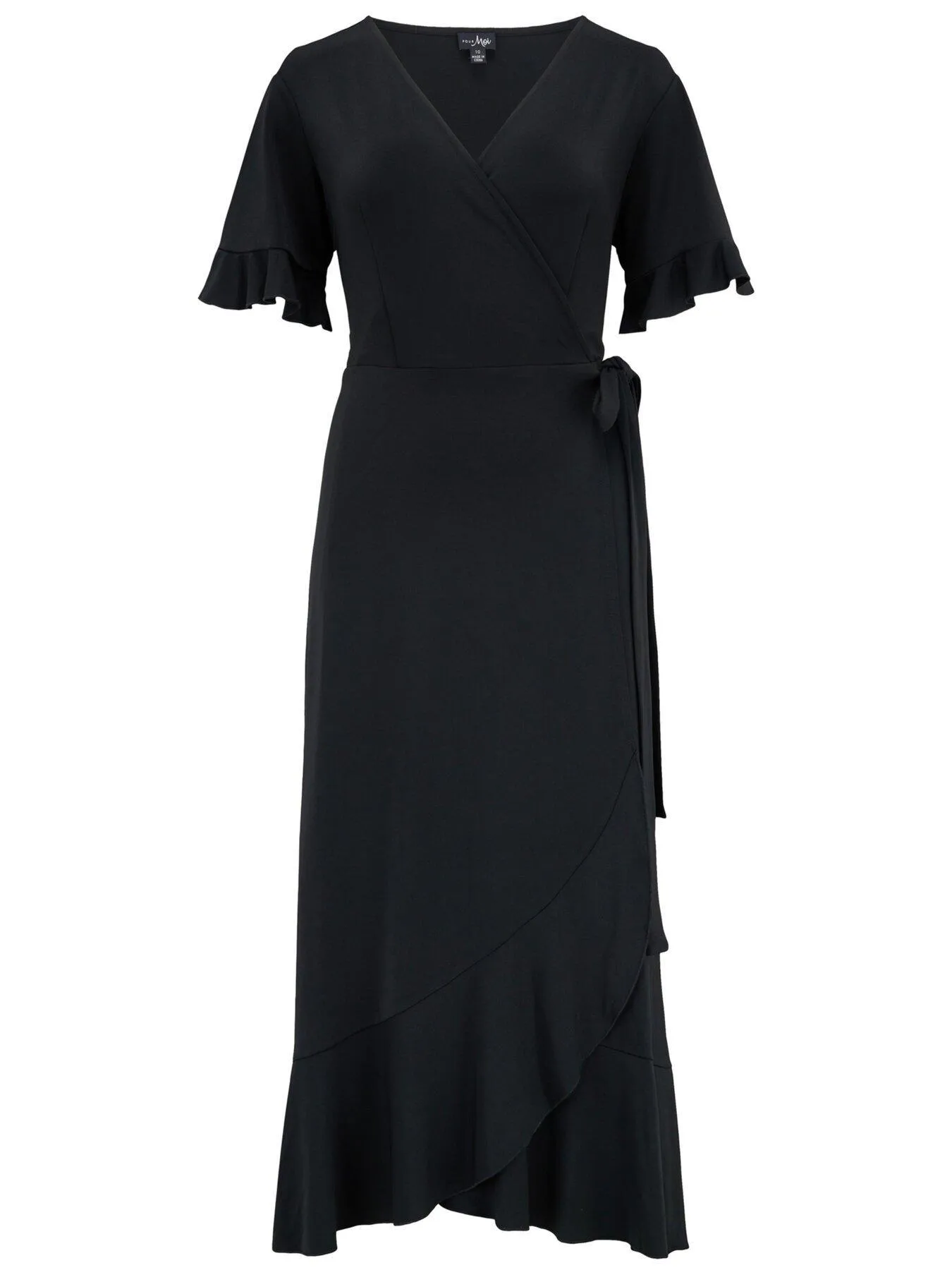 Pour Moi Megan Slinky Jersey Frill Detail Midi Wrap Dress - Black