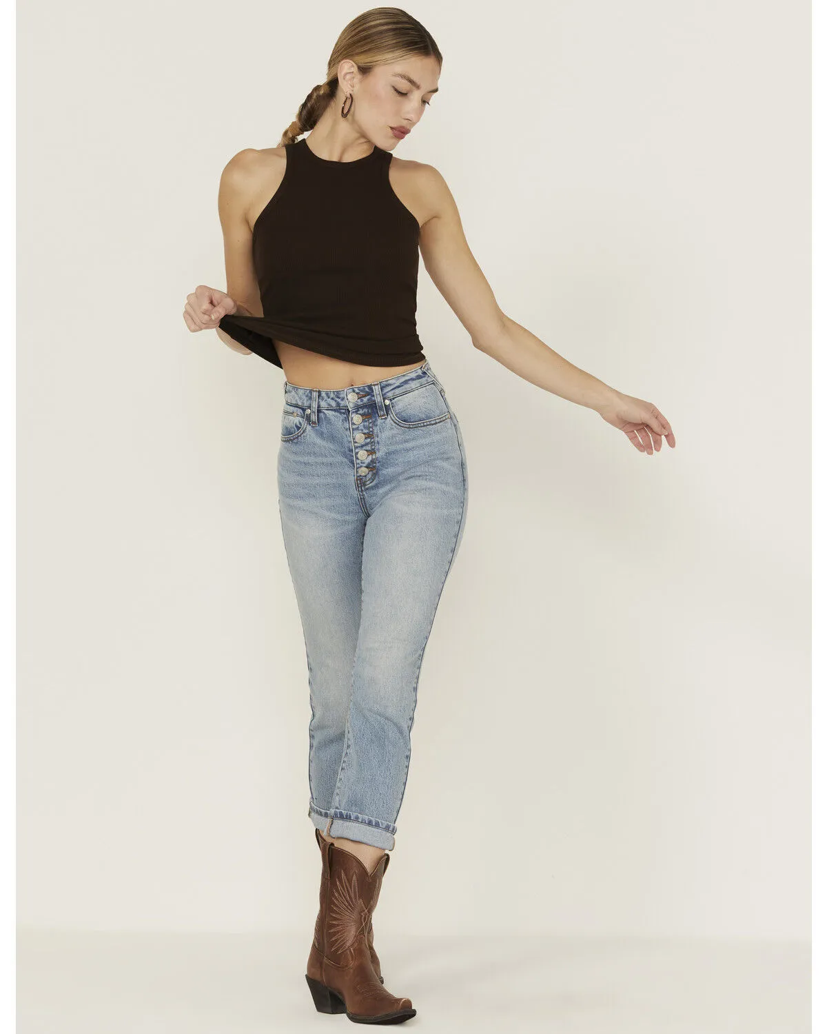 Product Name:  Cleo + Wolf Women's Exposed Button Fly Slim Straight Denim Jeans