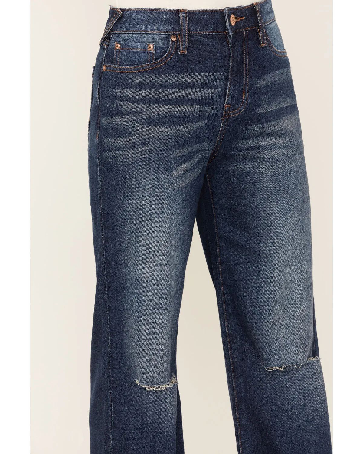 Product Name:  Cleo + Wolf Women's Medium Wash High Rise Distressed Knee Flare Jeans