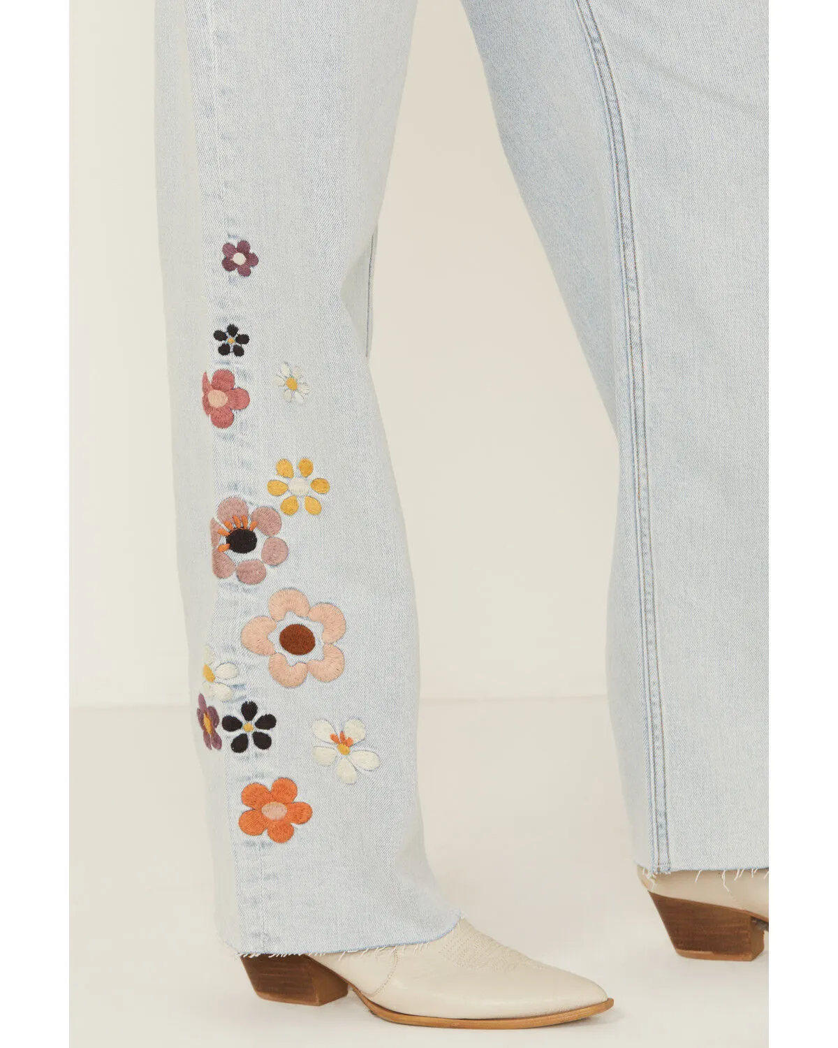 Product Name:  Driftwood Women's Callie X Boogie Nights Light Wash High Rise Floral Embroidered Straight Stretch Denim 