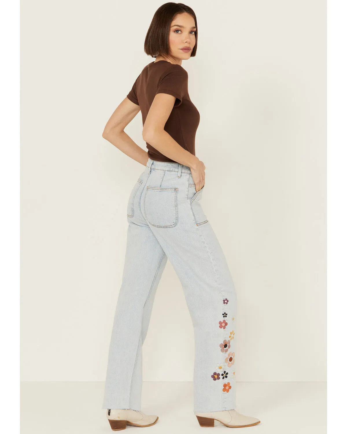 Product Name:  Driftwood Women's Callie X Boogie Nights Light Wash High Rise Floral Embroidered Straight Stretch Denim 