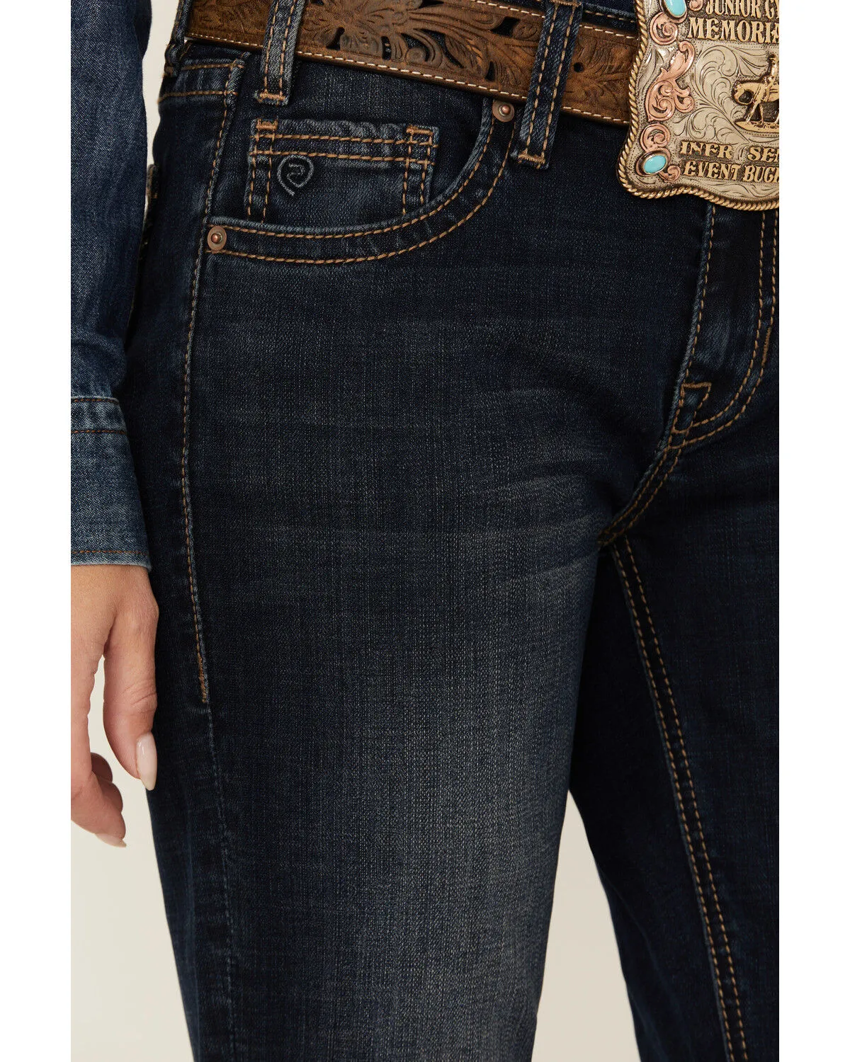 Product Name:  Rock & Roll Denim Women's Dark Wash Mid Rise Embroidered Riding Stretch Denim Jeans