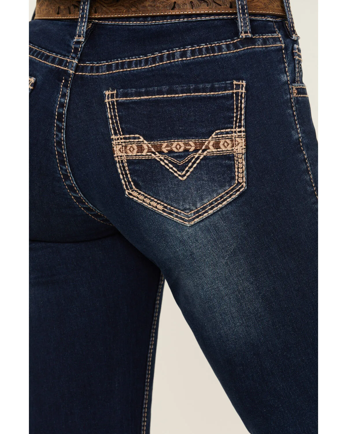 Product Name:  Rock & Roll Denim Women's Dark Wash Mid Rise Southwestern Print Stretch Riding Jeans