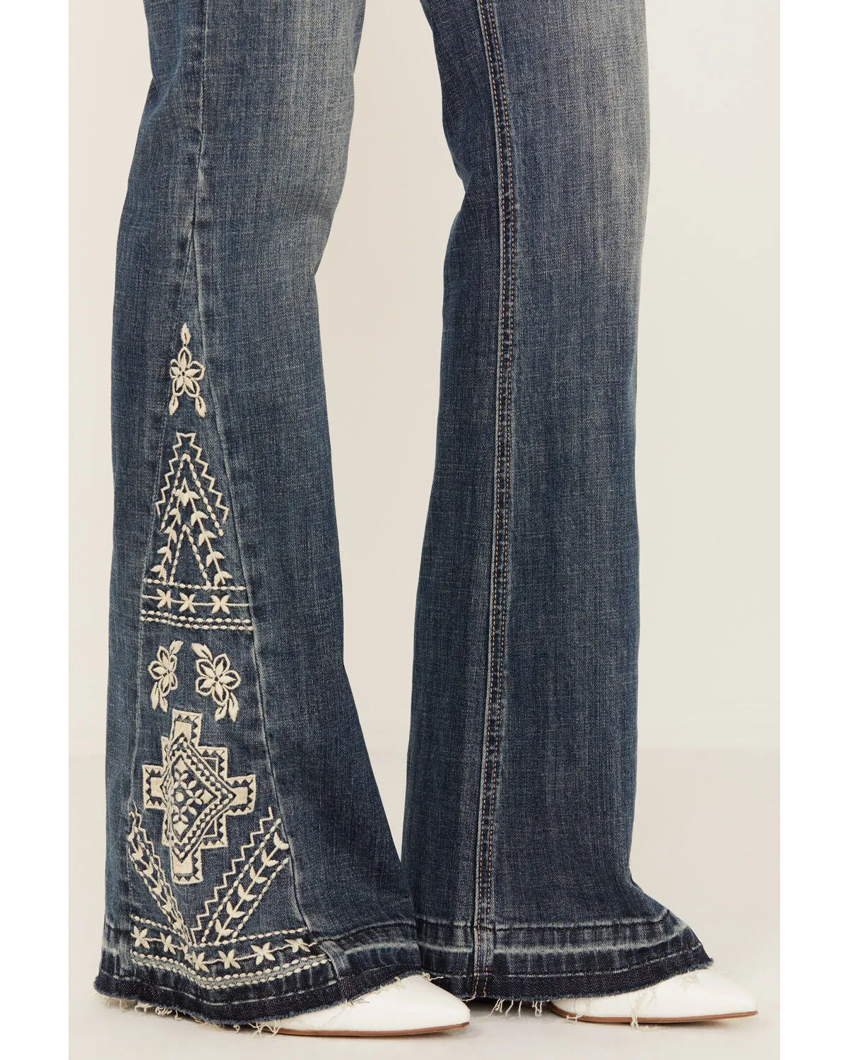 Product Name:  Rock & Roll Denim Women's Medium Wash Mid Rise Southwestern Print Trouser Jeans