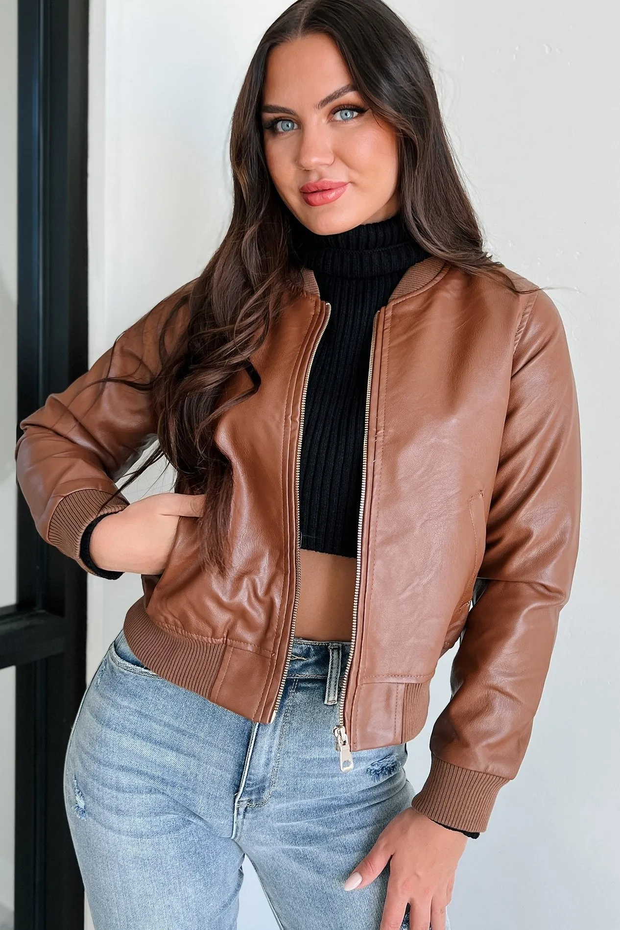 Rebel With A Cause Faux Leather Bomber Jacket (Brown)