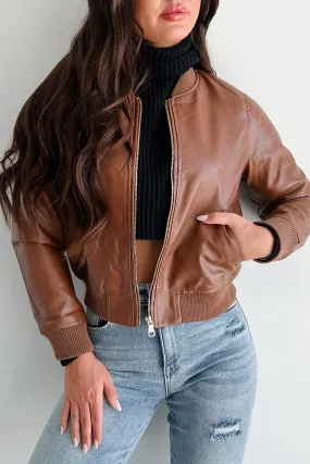 Rebel With A Cause Faux Leather Bomber Jacket (Brown)