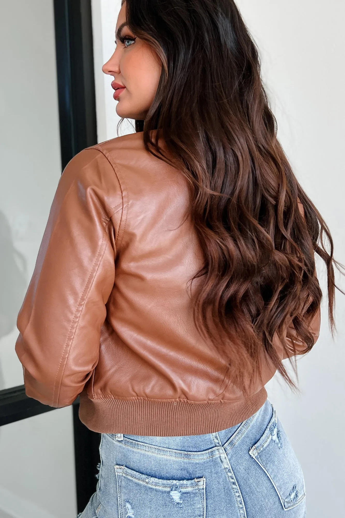 Rebel With A Cause Faux Leather Bomber Jacket (Brown)