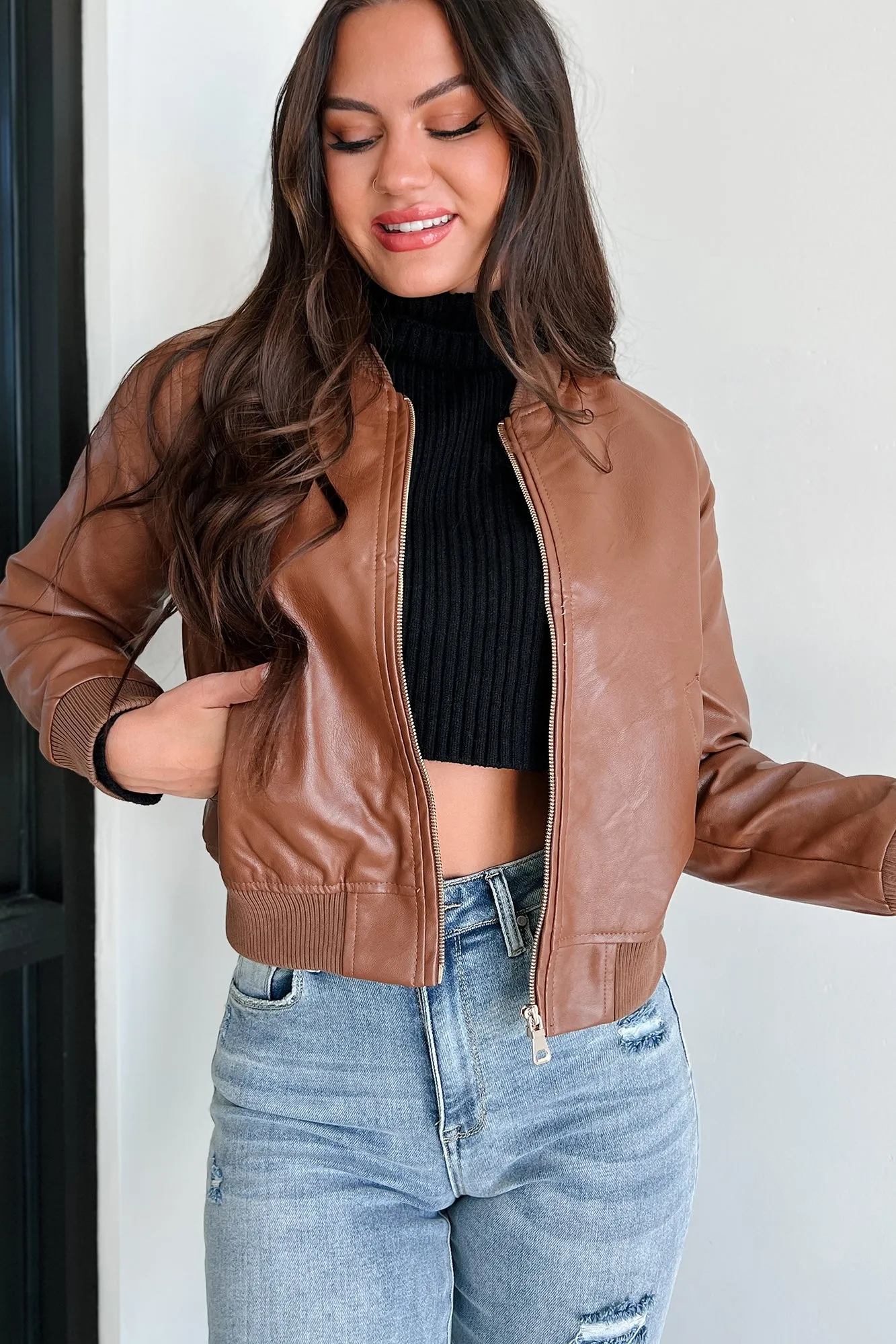 Rebel With A Cause Faux Leather Bomber Jacket (Brown)