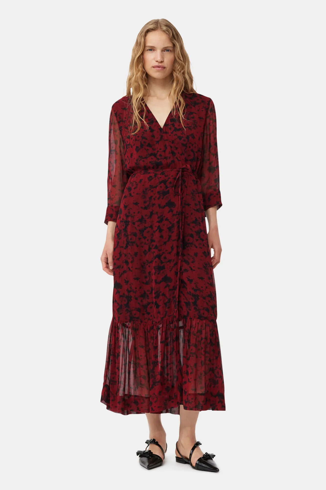 Red Printed Light Georgette Wrap Midi Dress