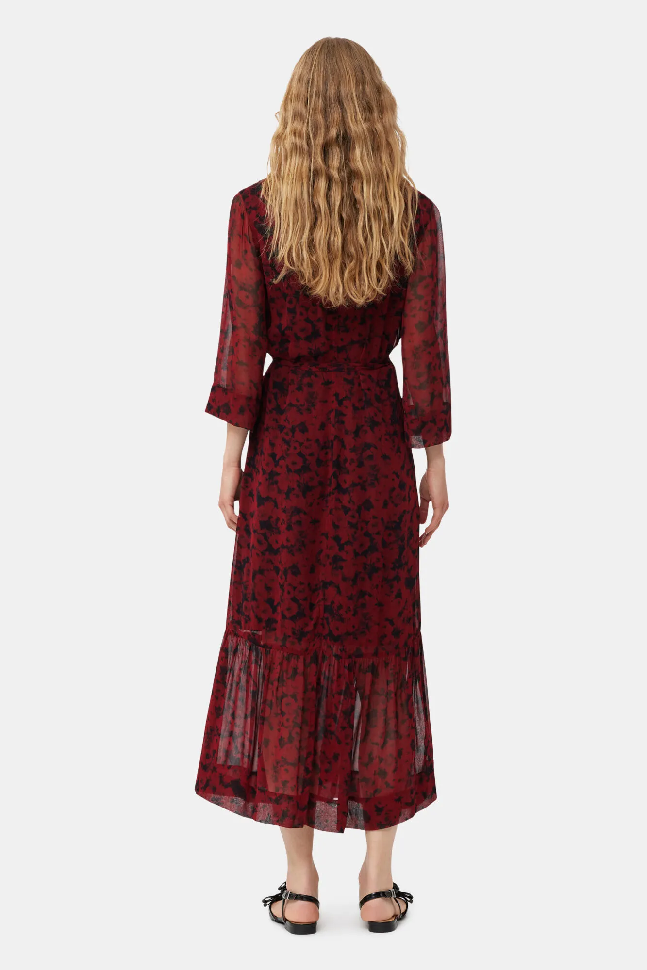 Red Printed Light Georgette Wrap Midi Dress