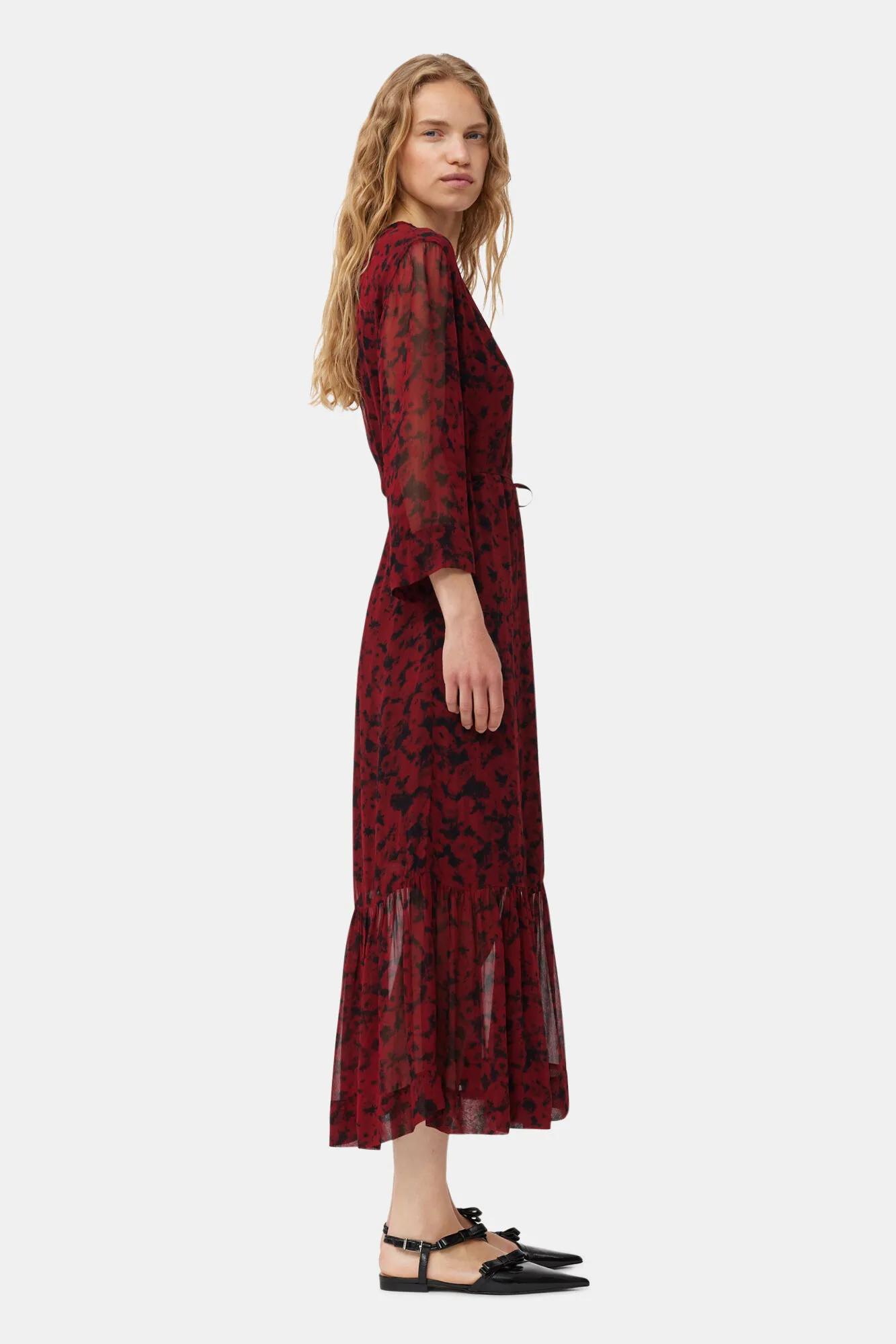 Red Printed Light Georgette Wrap Midi Dress