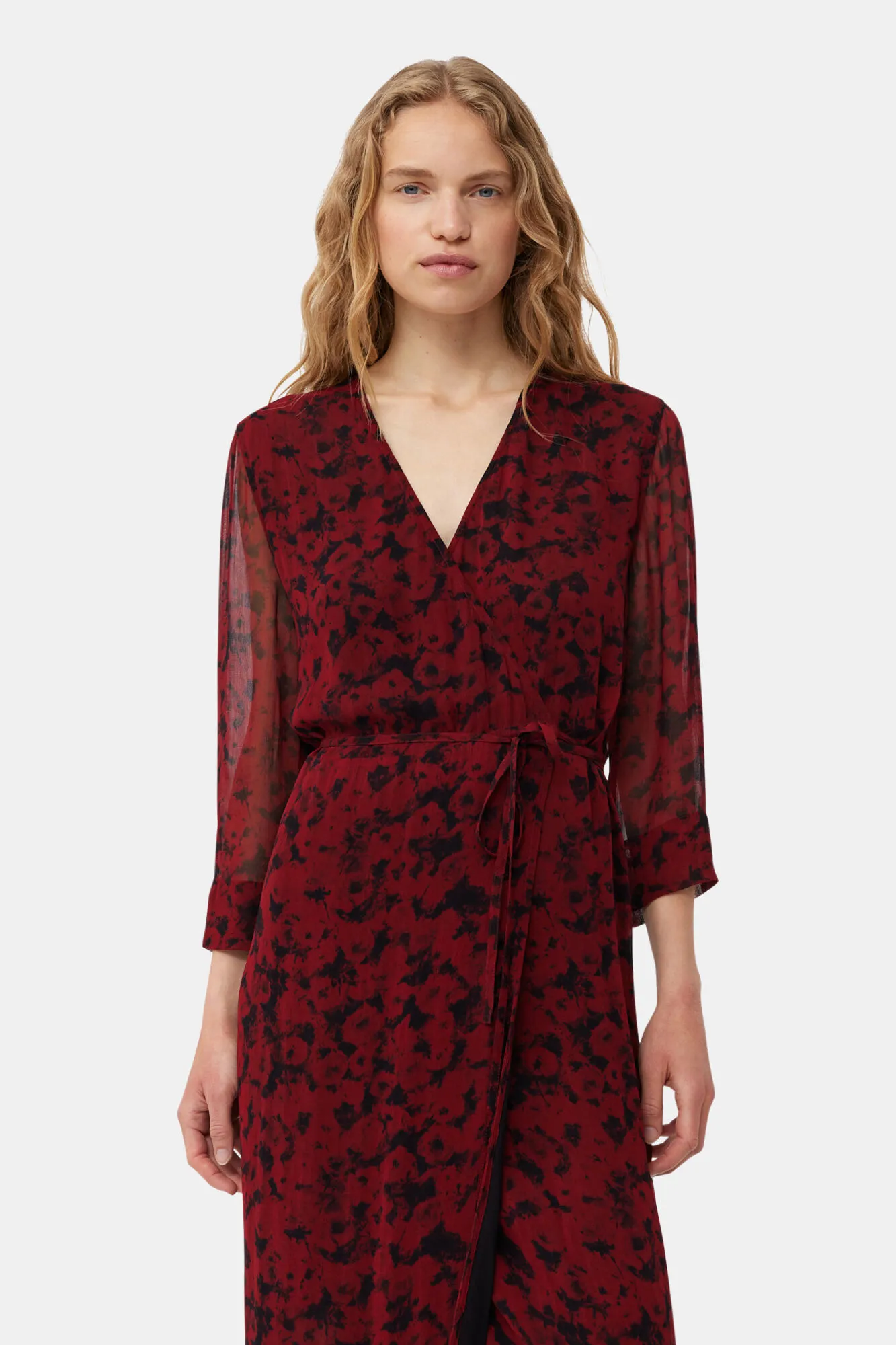 Red Printed Light Georgette Wrap Midi Dress