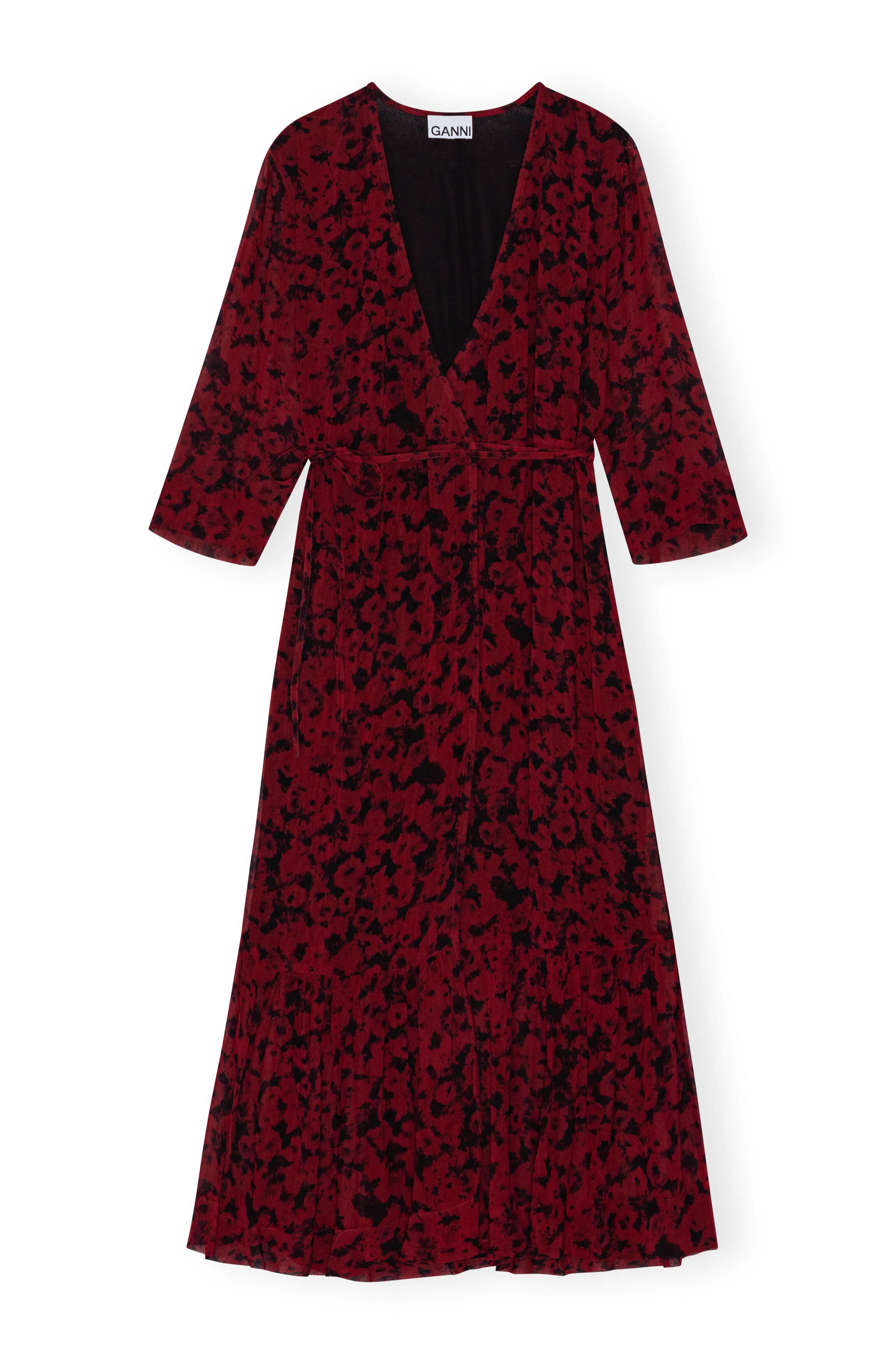 Red Printed Light Georgette Wrap Midi Dress