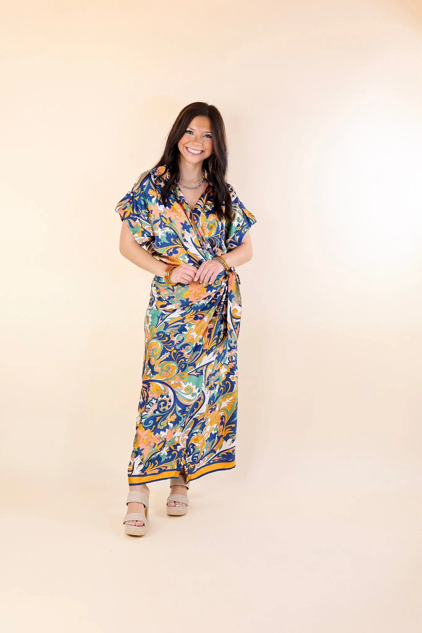 Room With A View Baroque Print Wrap Midi Dress in Gold and Navy