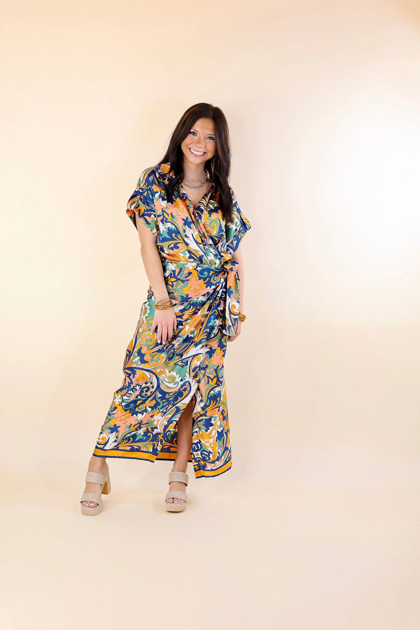 Room With A View Baroque Print Wrap Midi Dress in Gold and Navy