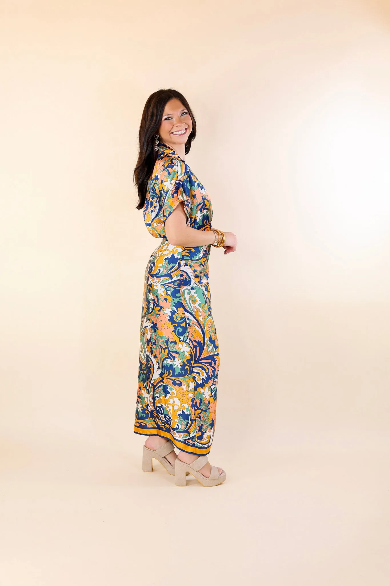 Room With A View Baroque Print Wrap Midi Dress in Gold and Navy