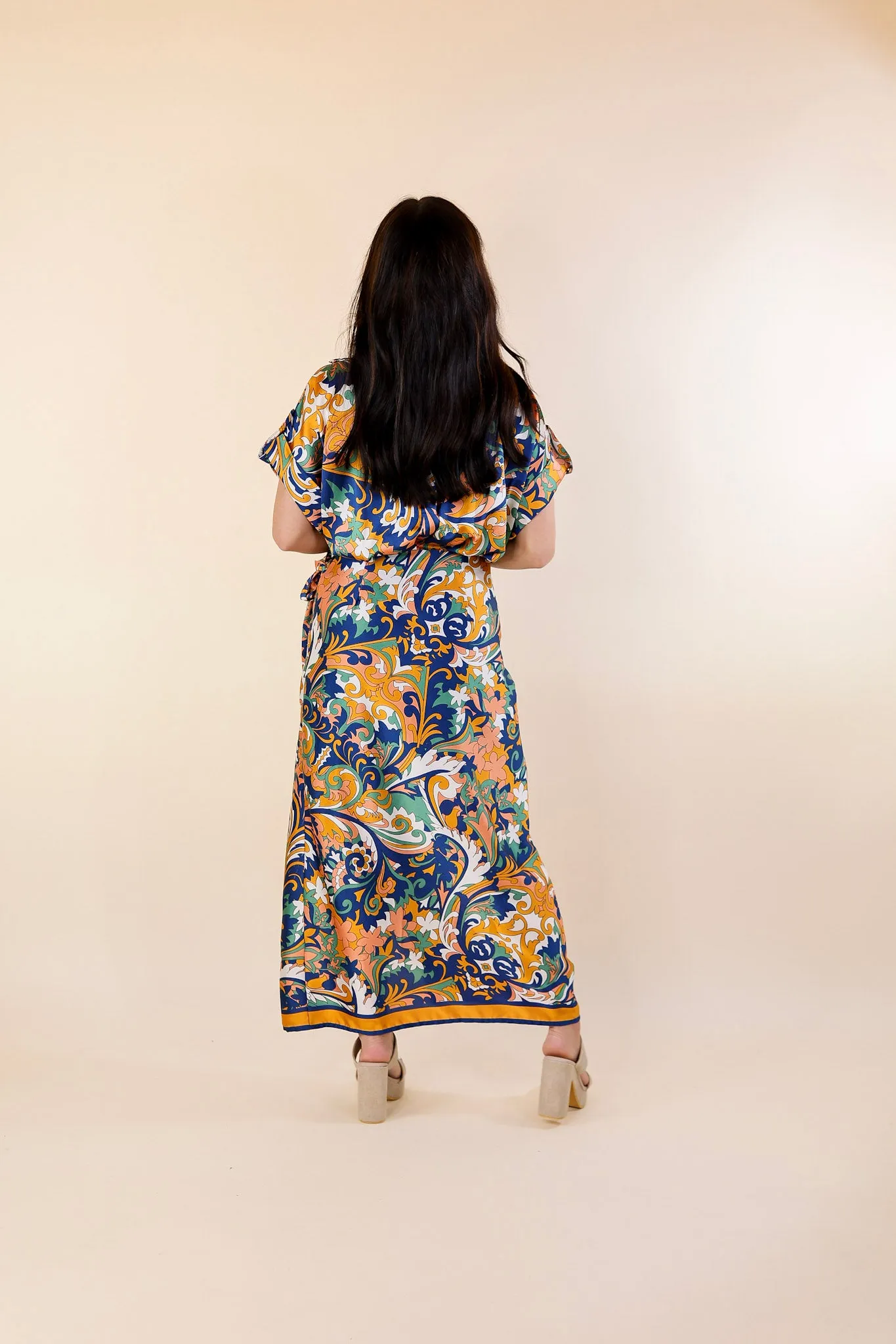 Room With A View Baroque Print Wrap Midi Dress in Gold and Navy