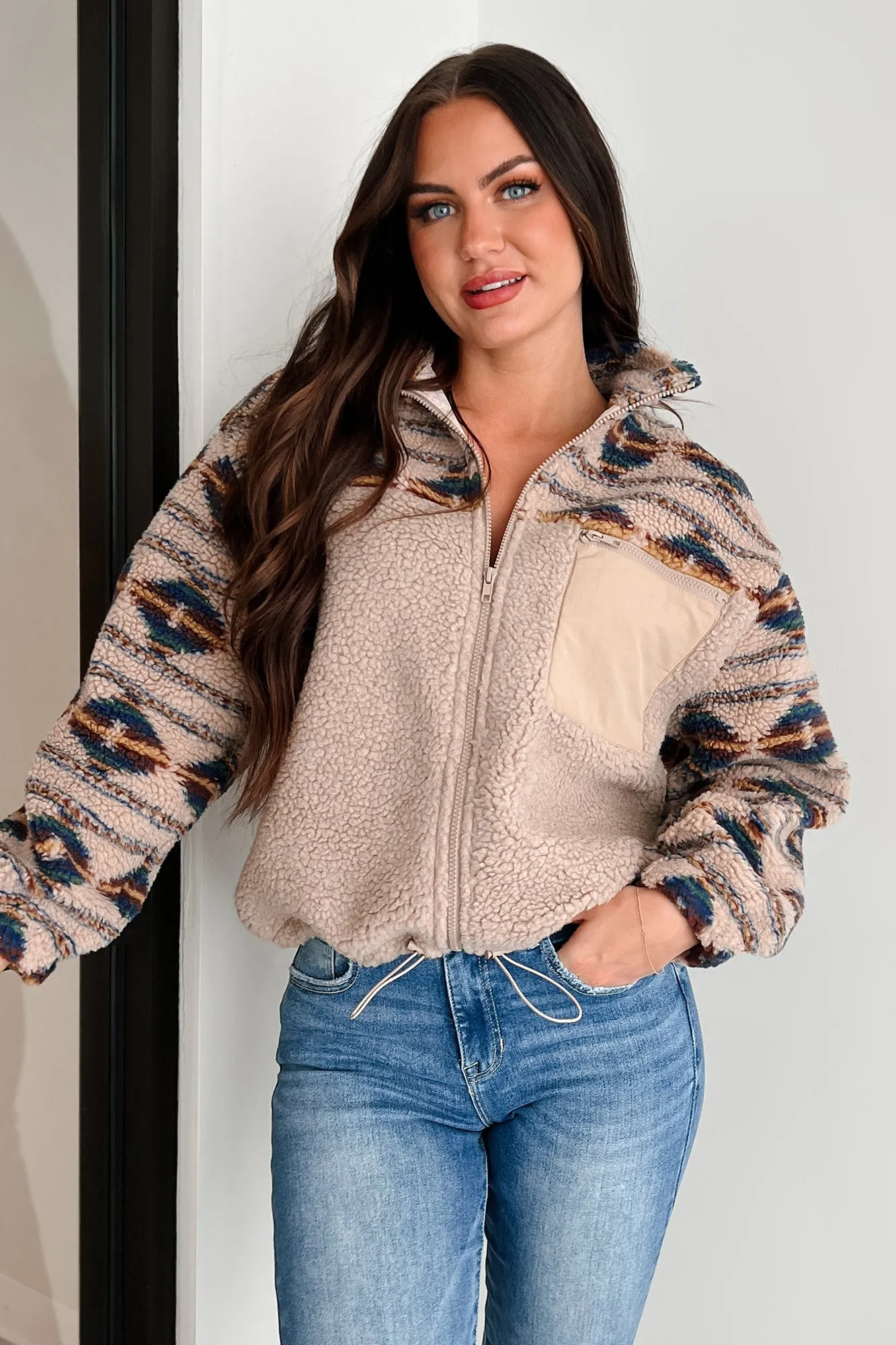 Santa Fe Sunsets Aztec Sherpa Jacket (Taupe Combo)