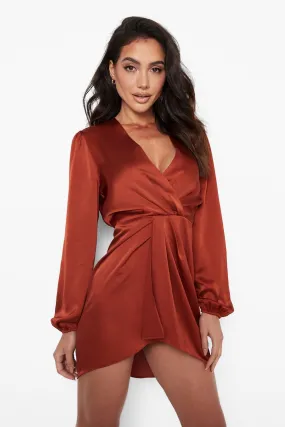 Satin Blouson Sleeve Wrap Shift Dress