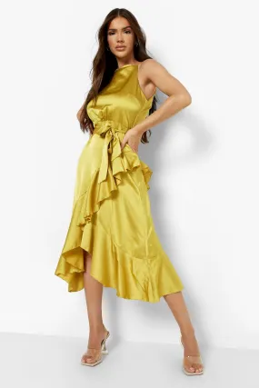 Satin Frill Wrap Midi Dress