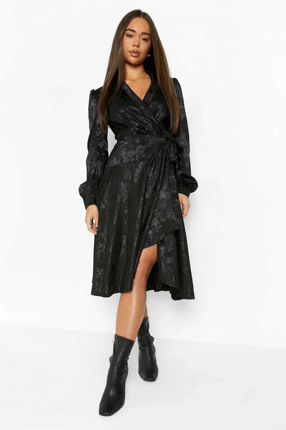 Satin Jacquard Wrap Midi Skater Dress