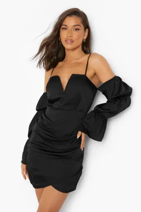 Satin Off The Shoulder Wrap Mini Dress