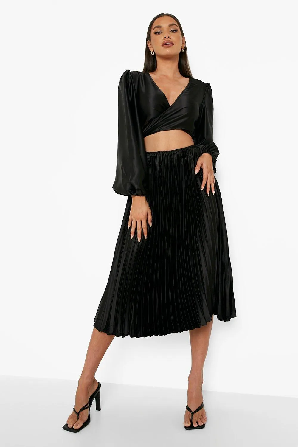 Satin Pleated Cut Out Wrap Midi Dress